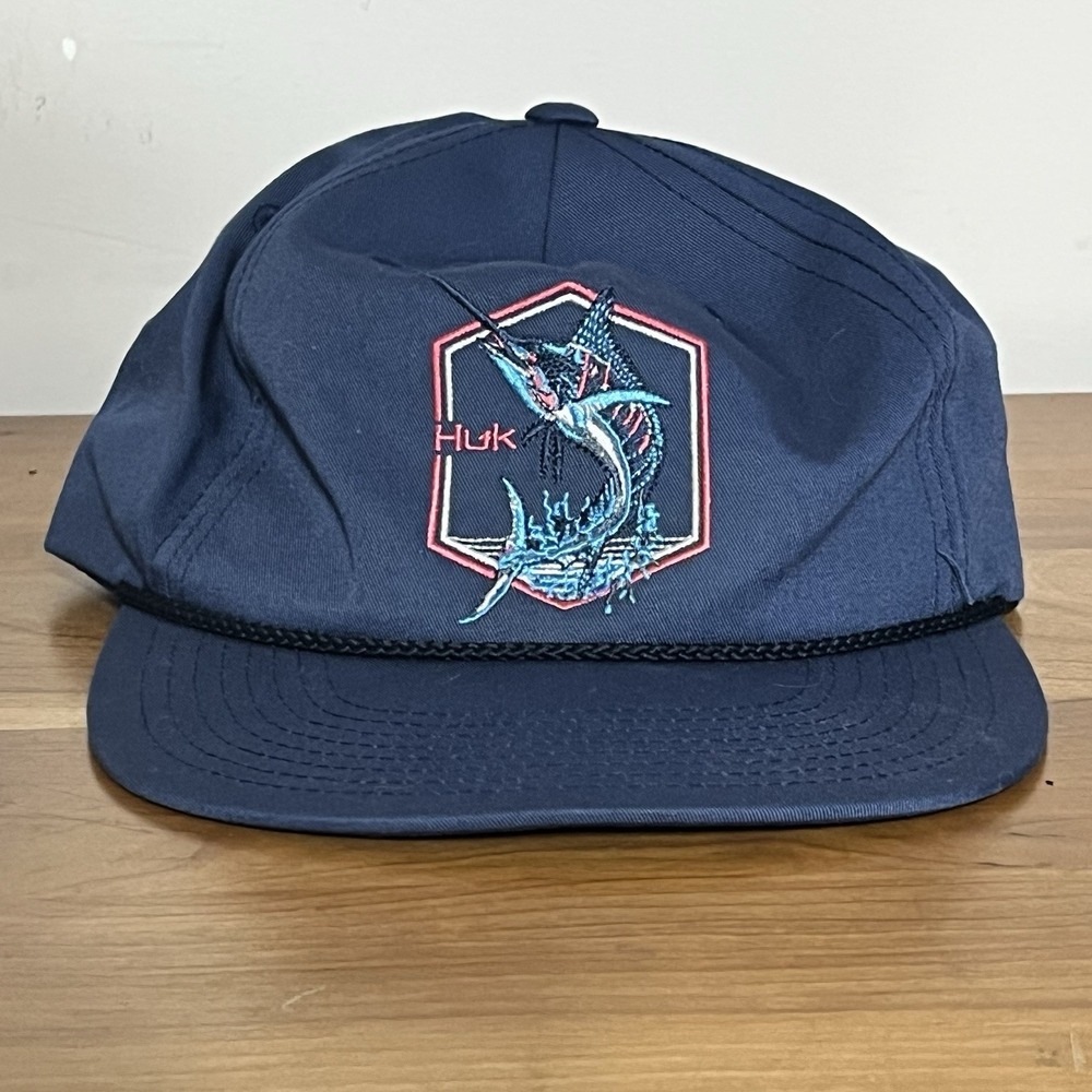 HUK Fishing Baseball Hat Cap Adjustable Blue‎ Angry Marlin